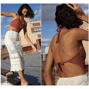New FREE PEOPLE Small Sydney Bralette Crochet Lace Terracotta Tie Back Boho Top